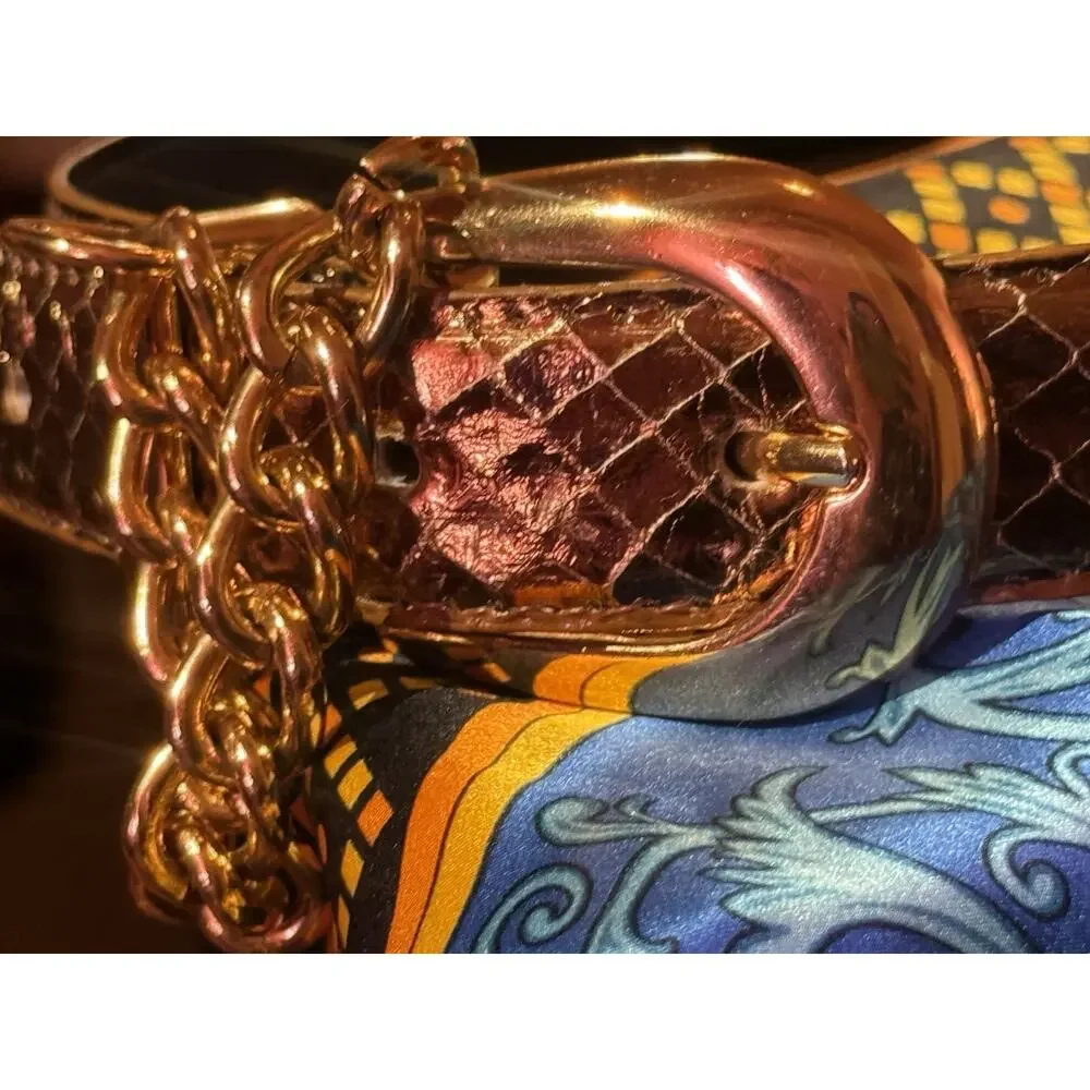 Women’s Brown Snakeskin Pattern Fashion Belt Gold Buckle Chain Accent S/M